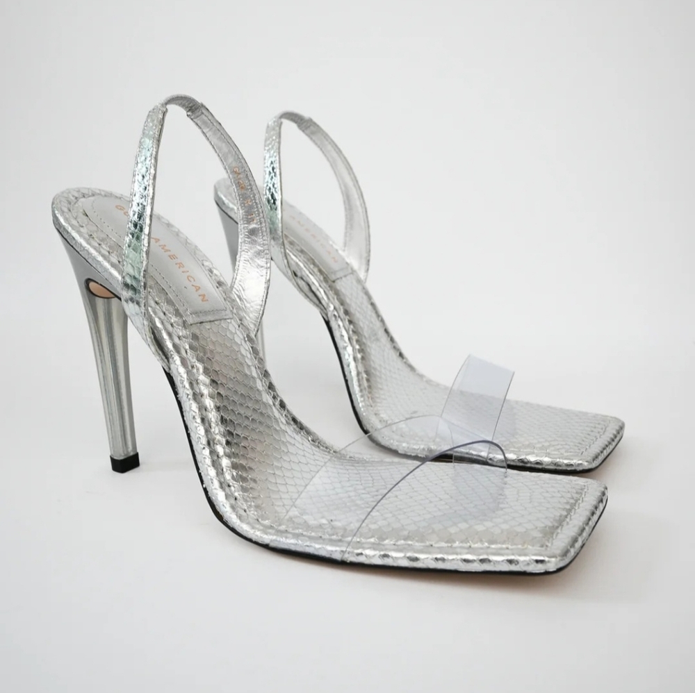 Good American Silver Snake Lucite Sandal, Square Toe sizes 8.5 And 4 - Picture 2 of 10